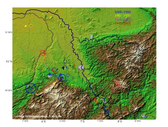 Abbildung 3: Karte mit Verteilung der Erdbeben in den noerdl. Rheinlanden